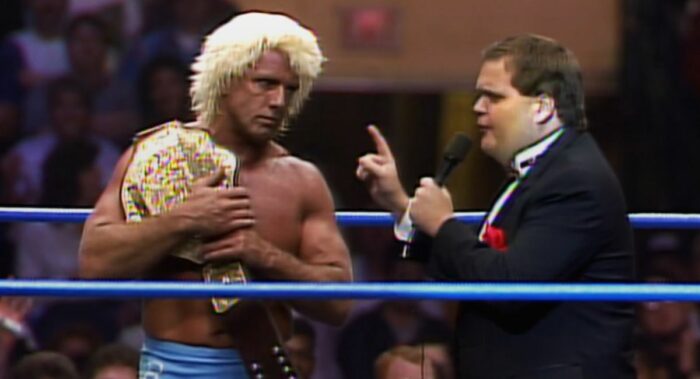 Jim Ross talks in the ring with Ric Flair after his title victory at Wrestle War '89.