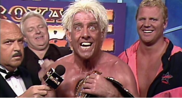 An ecstatic Ric Flair is interviewed backstage by Mean Gene at the Royal Rumble '92.
