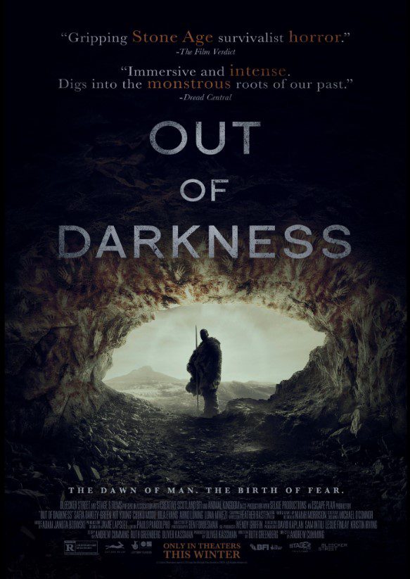 The poster for Out of darkness shows a man exiting a cave that's rounded in a way to make it look like the eye of a creature.