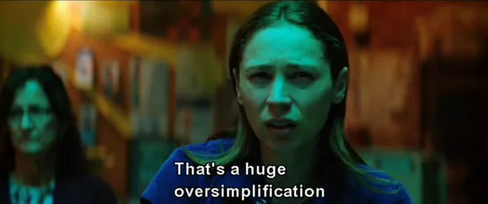 Caitlyn (Bess Rous) cries while saying, "That's a huge oversimplification," in the movie, "Renfield" (2023).