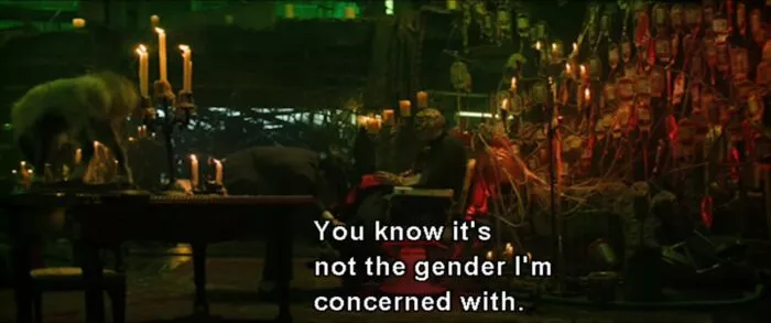 Dracula (Nicolas Cage) says to Renfield (Nicholas Hoult), "You know it's not the gender I'm concerned with," in the film, "Renfield" (2023).