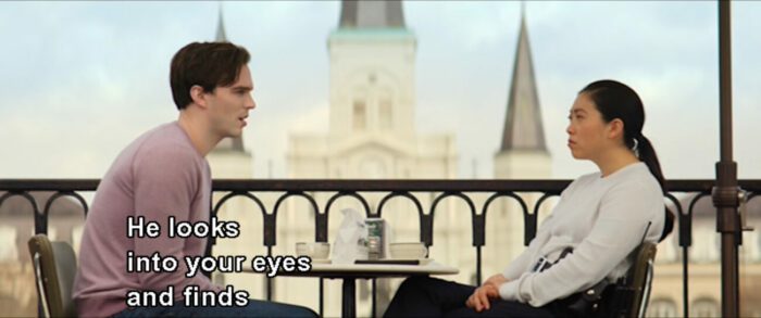 Renfield (Nicholas Hoult) tells Rebecca Quincy (Awkwafina), "He looks into your eyes and finds," in the film, "Renfield" (2023).