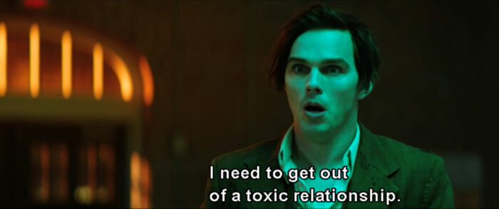 Renfield (Nicholas Hoult) says, "I need to get out of a toxic relationship," in the film, "Renfield" (2023).