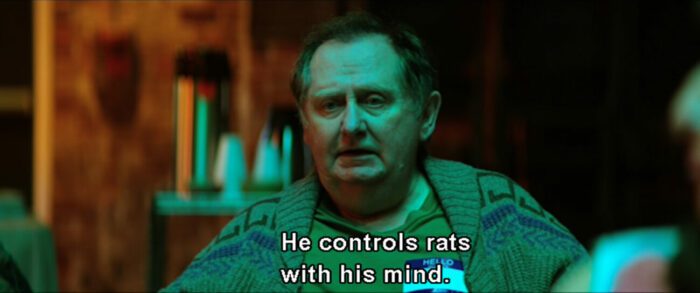 Kevin (Michael P. Sullivan) says, "He controls rats with his mind," in the movie, "Renfield" (2023).