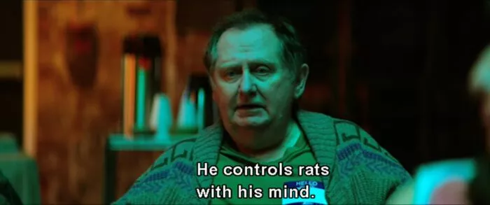 Kevin (Michael P. Sullivan) says, "He controls rats with his mind," in the movie, "Renfield" (2023).