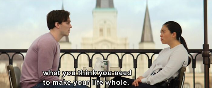 Renfield (Nicholas Hoult) tells Rebecca Quincy (Awkwafina), "What you think you need to make your life whole," in the film, "Renfield" (2023).