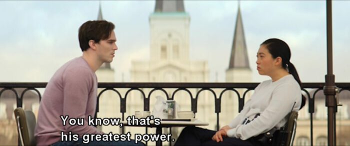 Renfield (Nicholas Hoult) tells Rebecca Quincy (Awkwafina), "You know, that's his greatest power," in the film, "Renfield" (2023).