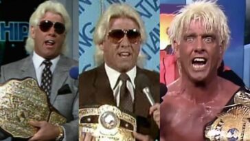 Ric Flair holding a variety of different World Heavyweight title belts