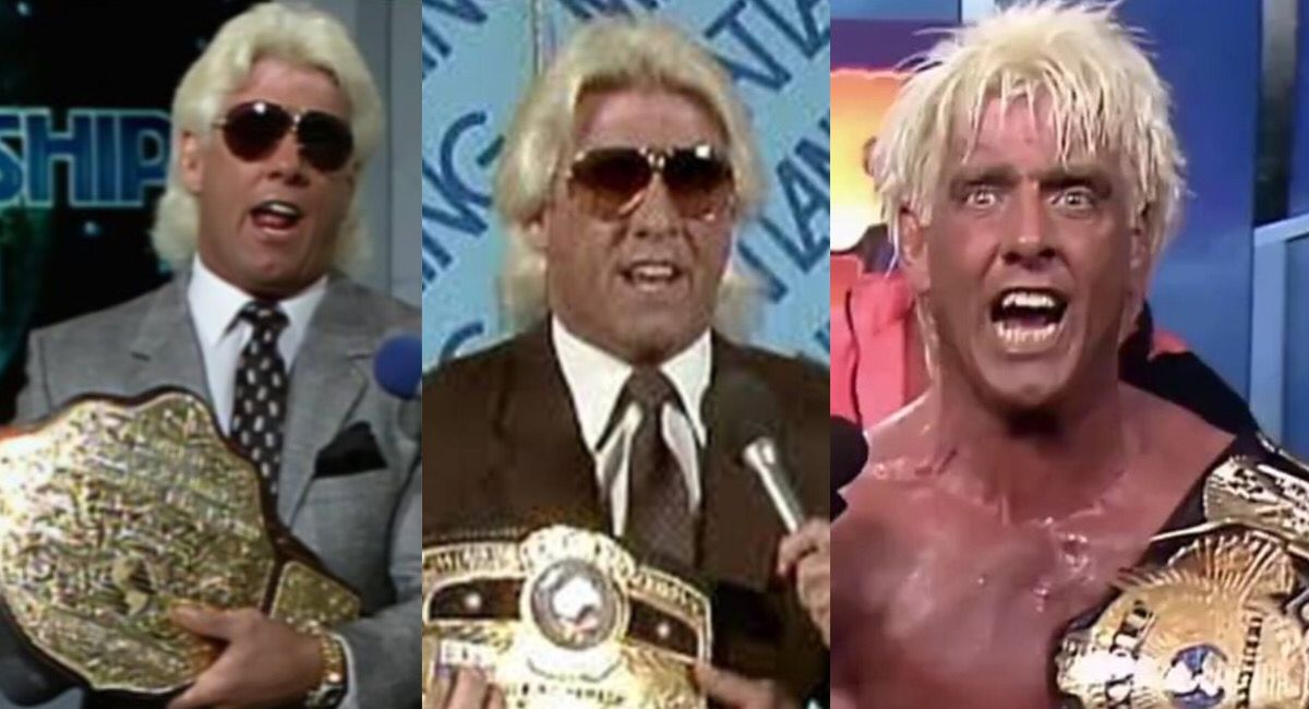 Ric Flair holding a variety of different World Heavyweight title belts
