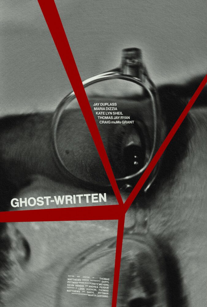Poster for Ghostwritten shows a many laying on his down, face half obscured, with the title and the actors across his face.