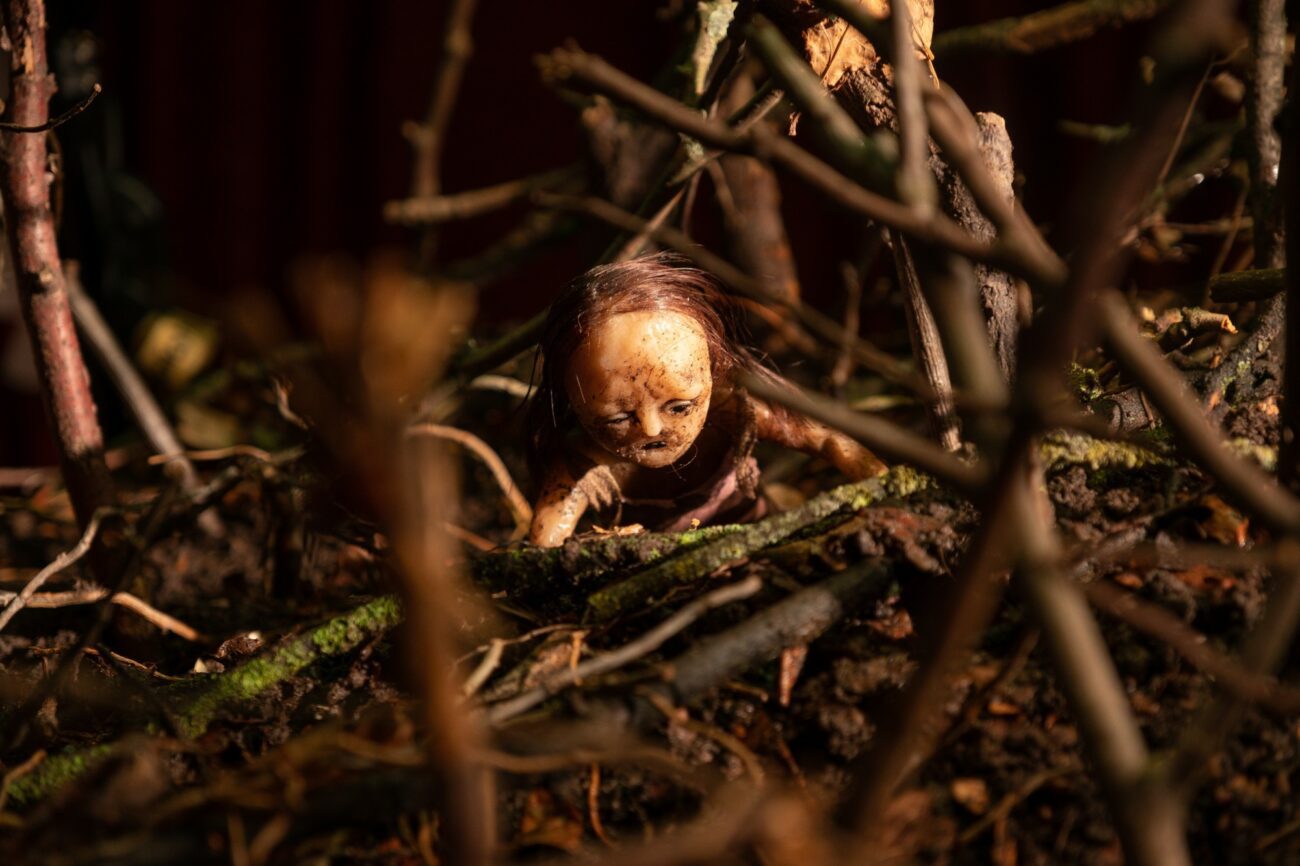 A stop-motion doll surrounded by twigs