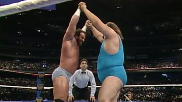 Hercules and Earthquake engage in a test of strength at WrestleMania VI