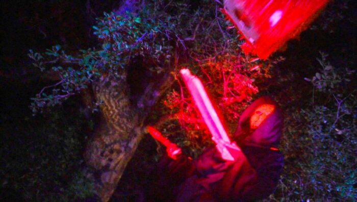 A man in a mask and hooded cloak in front of a tree is lit by a red torch-light.