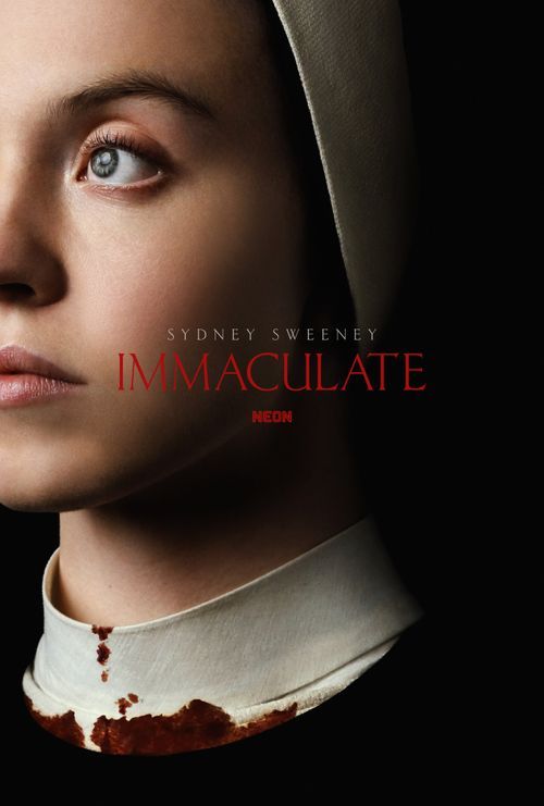 The poster for immaculate shows the side profile of a woman in nun vestments with blood stained on her white undershirt.