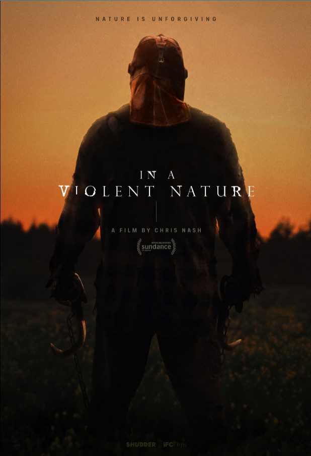 The poster for In a Violent Nature shows the back of a man in a grassy field at sunset with a bag over his head holding hooks in each hand
