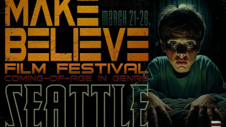 Make Believe festival banner shows a boy shrowded in darness at the edge of his bed.