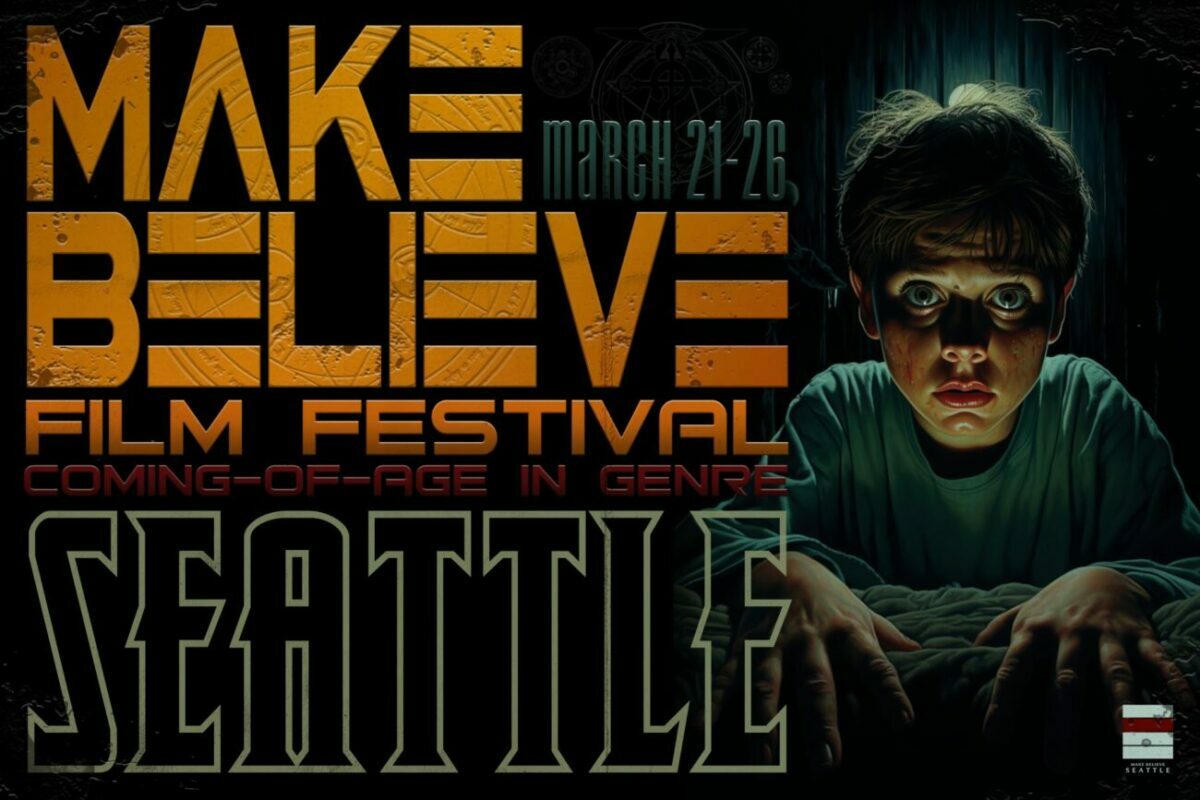 Make Believe festival banner shows a boy shrowded in darness at the edge of his bed.