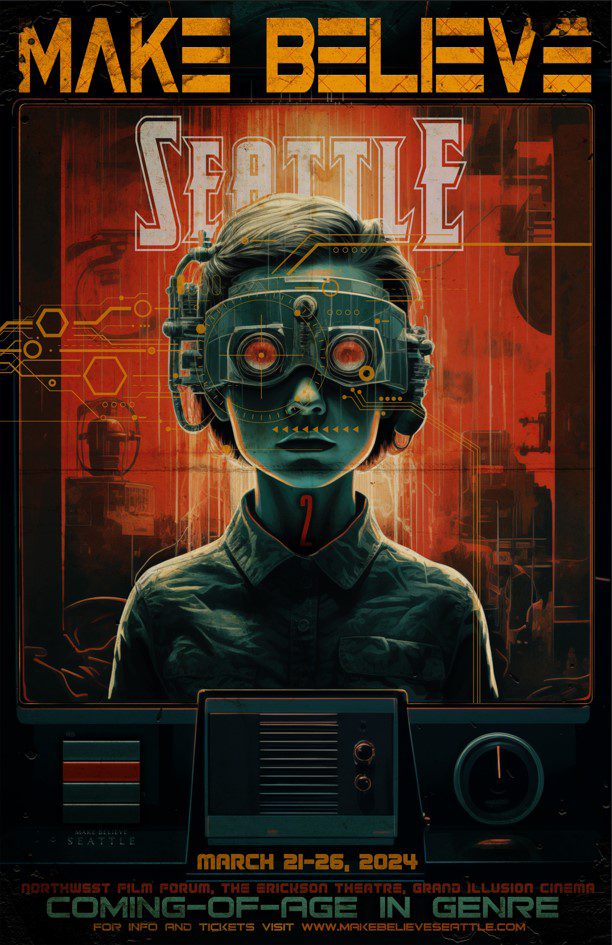 A boy wearing a device over his red eyes on the Make Believe festival poster