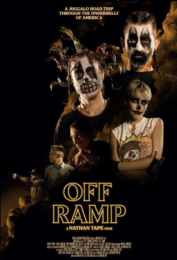 The Off Ramp poster shows Trey, Silas, and Eden in clown paint and the film's villains without it.