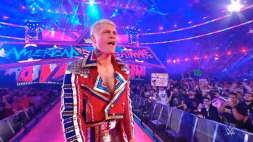 Cody Rhodes soaks in the cheers during his surprise return entrance at WrestleMania 38