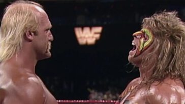 Hulk Hogan and The Ultimate Warrior face off at WrestleMania VI