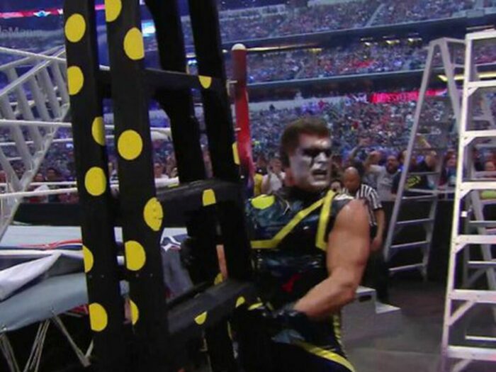 Stardust (Cody Rhodes) pulls out the polka dot, Dusty-themed ladder at WrestleMania 32