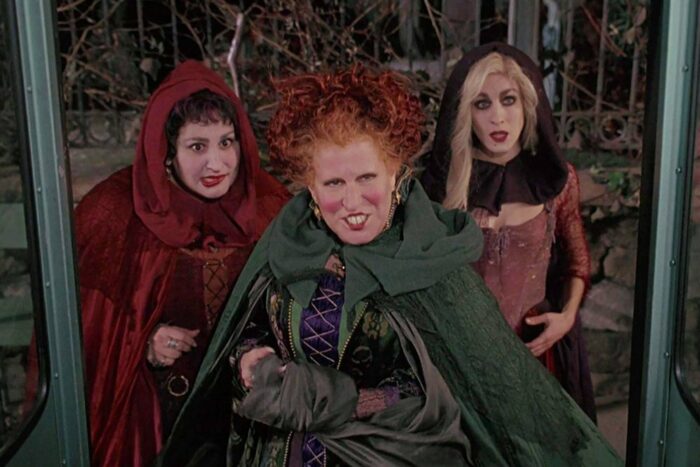 The Sanderson Sisters (Mary, Winnifred, and Sarah) are seen in their collorful cloaks and dresses smiling directly at the camera