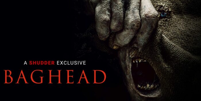 The poster art for Bag head shows a decrepit face removing a burlap sack and revealing their mouth.