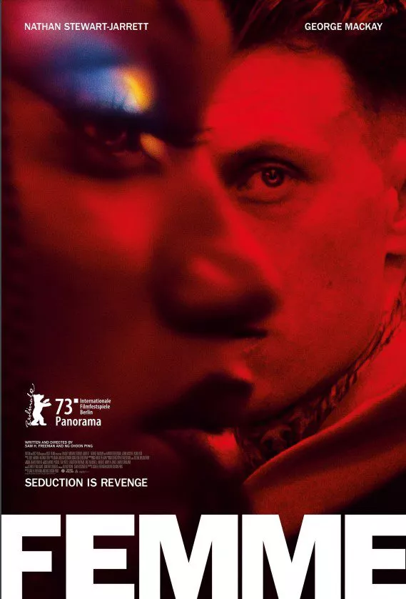 The Poster for Femme is in all red and shows Preston's face glaring at Jules'/Aphrodite's face.