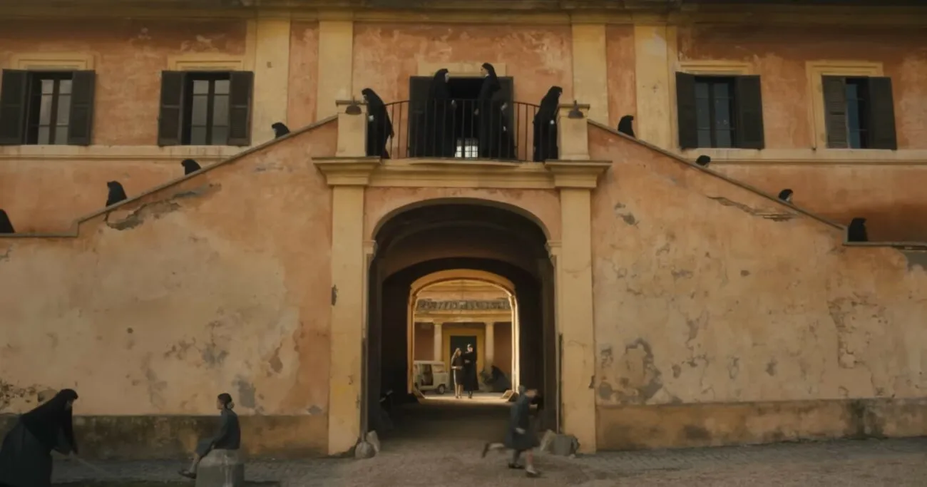 Nuns waling out a door and down steps