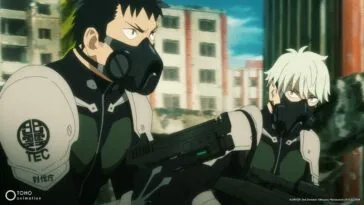 Two men with masks and guns