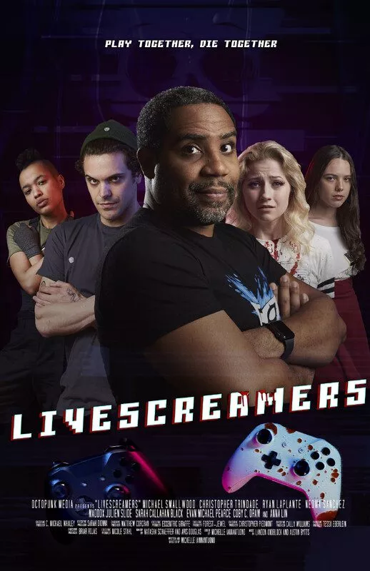 Poster for Livescreamers shows the cast in a v formation above a bloody controller.