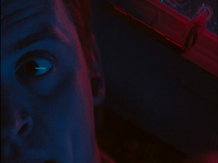 a close up shot on half of a man's face with a gun and mary perched on a shelf behind him.