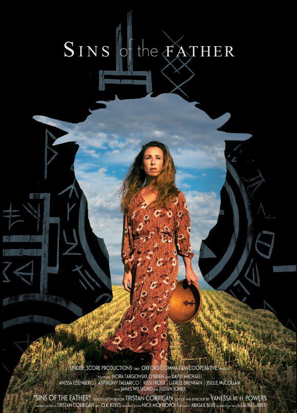 A woman in a dress stands in a field holding a bowl silhouetted by a man with a crown of sticks and runes in the shadow area in the poster for Sins of the Father