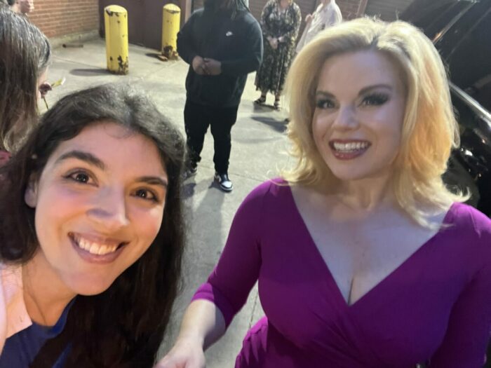 Jamie Lee and Megan Hilty smile for a selfie at the stage door for the musical, "Death Becomes Her."