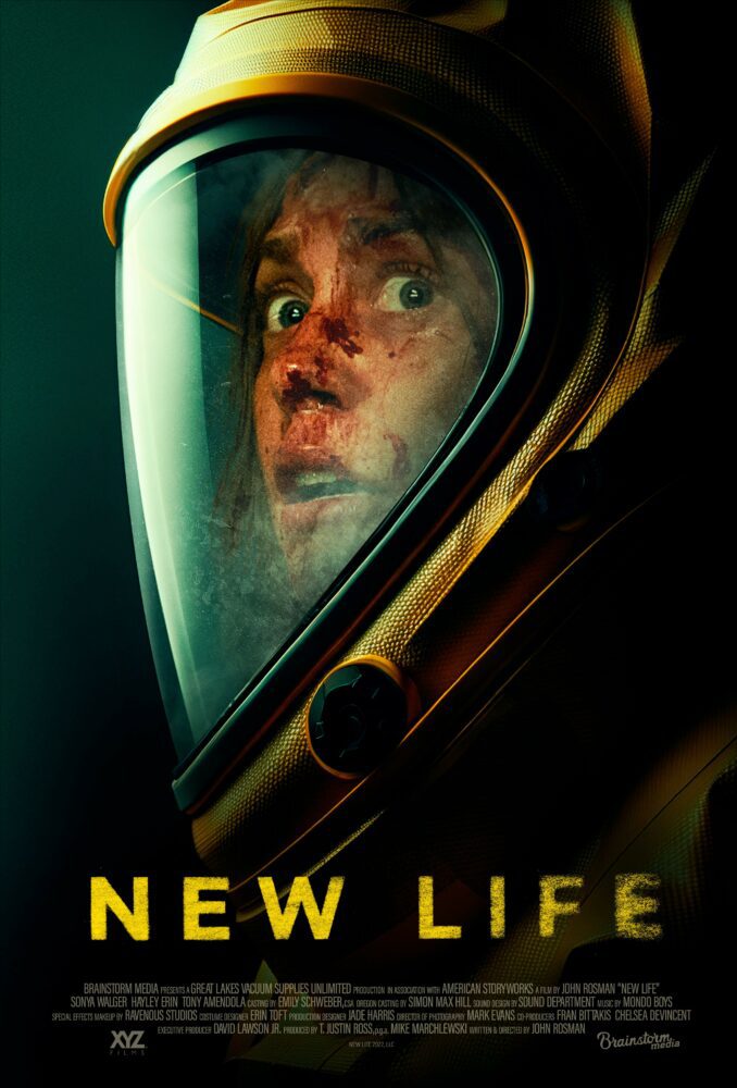 A woman with a bloodied face giving a worried look behind a hazmat suit mask in the Poster for NEW LIFE