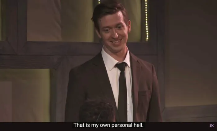 Paul Matthews (Jon Matteson) says, "That is my own personal hell," in the musical, "The Guy Who Didn't Like Musicals."