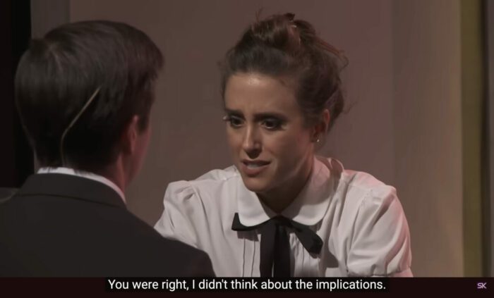 Emma Perkins (Lauren Lopez) says to Paul Matthews (Jon Matteson), "You were right, I didn't think about the implications," in the musical, "The Guy Who Didn't Like Musicals."