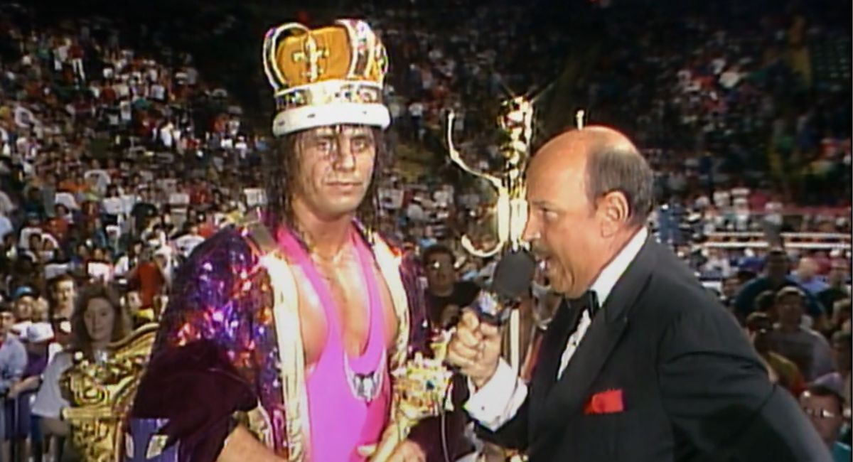 Bret Hart fresh off his King of the Ring win, wearing his crown and cape whilst holding his sceptre.