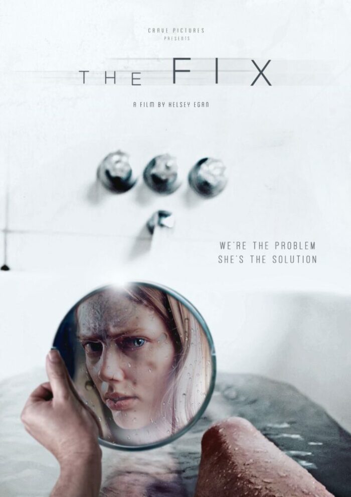 The poster for The Fix shows a woman in a bathtub looking in a mirror at the changes on her face