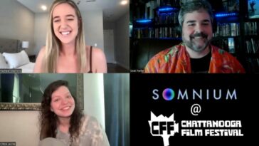 Clockwise from top left, Racheal Cain, Sean Parker, A title card for Somnium at The Chattanooga Film Festival and Chloë Levine are seen in a Zoom call.
