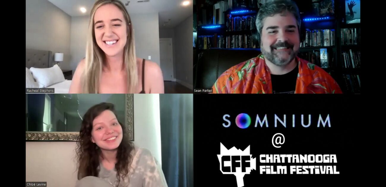 Clockwise from top left, Racheal Cain, Sean Parker, A title card for Somnium at The Chattanooga Film Festival and Chloë Levine are seen in a Zoom call.