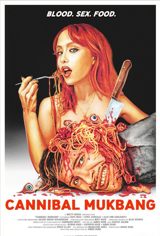 The animated poster for Cannibal Mukbang shows a woman eating pasta off a cringing man's head that also has a knife stuck in it.