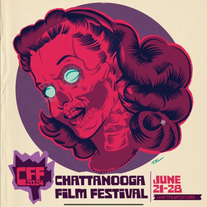 An animated woman's head in dark reds and purples that's somewhat see through with blank eyes is the poster for Chattanooga Film Festival