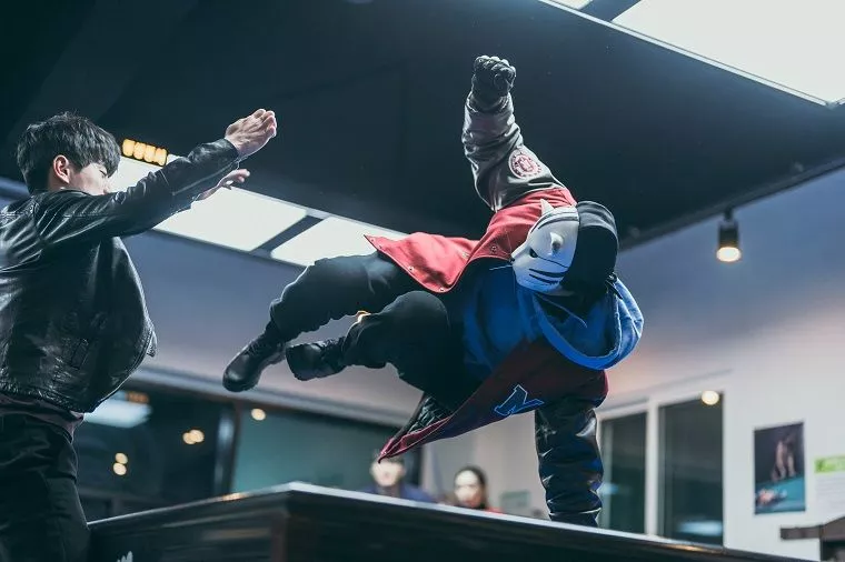 A masked hero kicking a bad guy