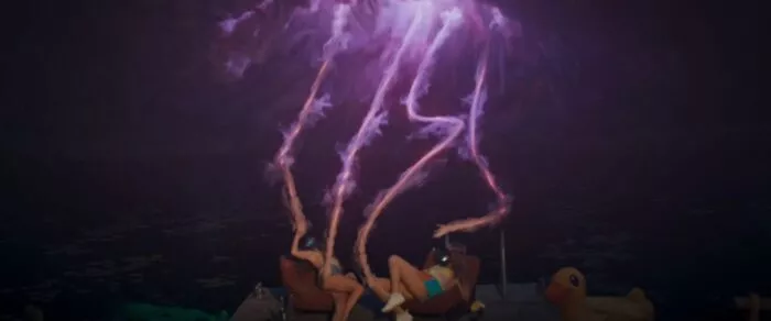 Two women on a dock being groped by cloud hands.