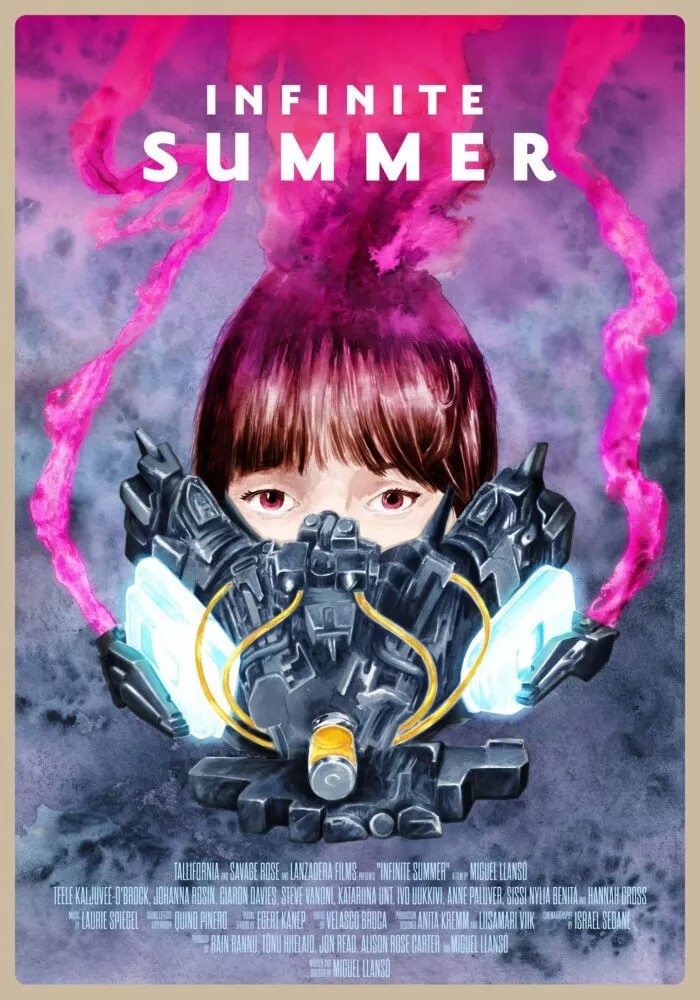 The poster for Infinite Summer shows a woman in a resperator surrounded by clouds as a pink stream exits the resperator pooling behind the title.