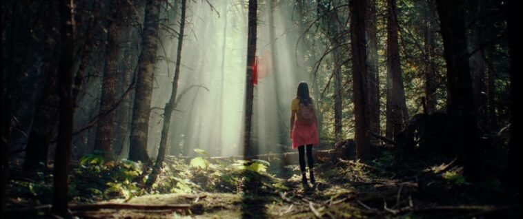 A woman stands facing a dense and bright forest setting in Kryptic
