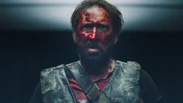 Nicolas Cage as Red Miller in Mandy (2018), covered in blood