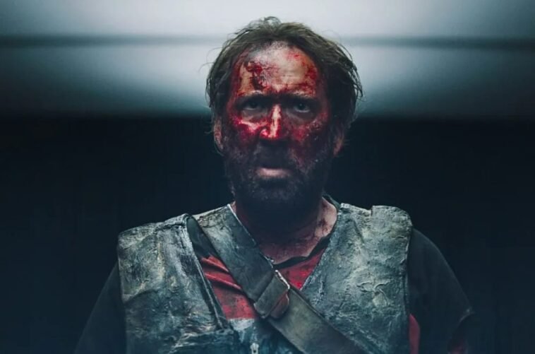 Nicolas Cage as Red Miller in Mandy (2018), covered in blood